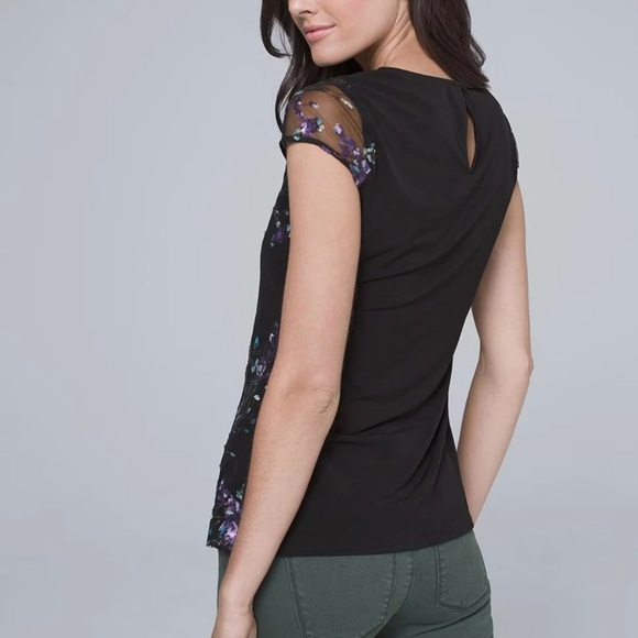 White House Black Market sequin embellished flowers cap sleeve Tee EUC Size S - Picture 7 of 8